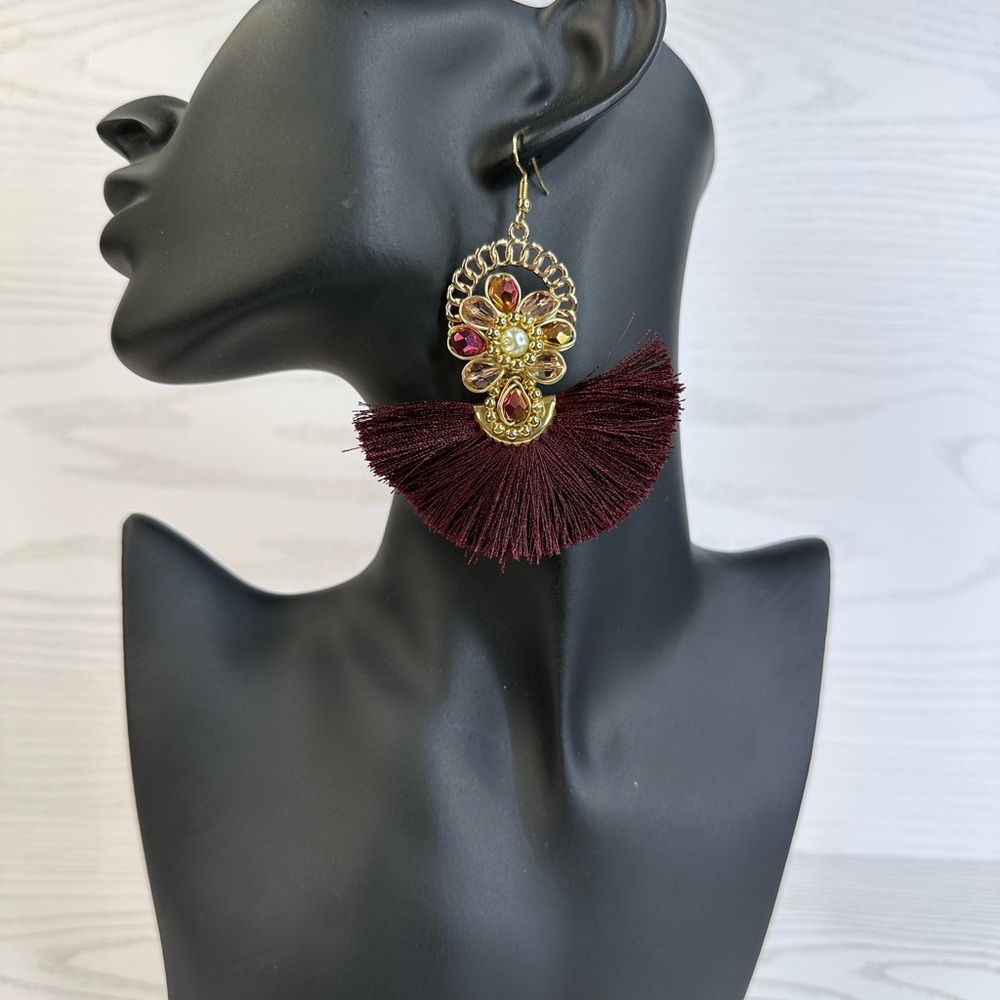 New handmade Elegant Gold and Burgundy‎ Tassel Earrings 14k gold platted